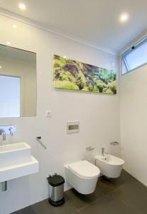 ein Badezimmer mit Waschbecken, Toilette und Spiegel in der Unterkunft Casa do Mar South in Ponta Delgada + 4 Fotos
