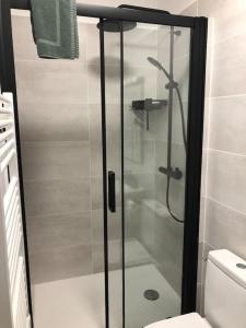 y baño con ducha y puerta de cristal. en Appartement en duplex à Auxonne, en Auxonne