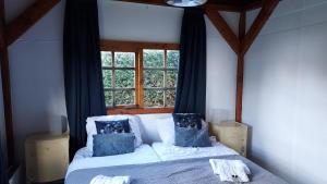 a bedroom with a bed with blue pillows and a window at lodge 61 hotel aan het water in Medemblik