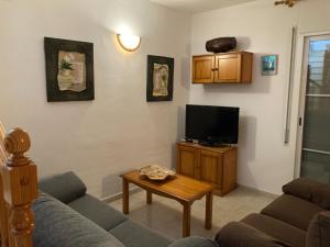 a living room with a couch and a tv at Caseta De L'avi in Camarles