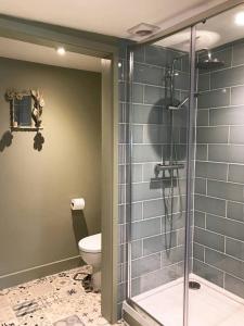 a bathroom with a toilet and a glass shower at SEED Hub in Wincanton