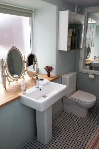 a bathroom with a sink and a toilet and mirrors at SEED Hub in Wincanton