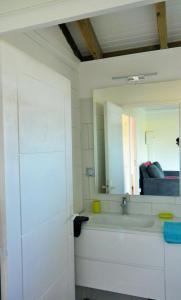 a bathroom with a sink and a mirror at Maison Piscine personnelle vue mer COSY in Le Marin