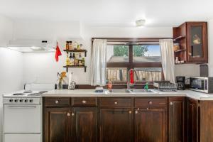 a kitchen with wooden cabinets and a sink and a window at Hidden Gem in Green Lake in Seattle