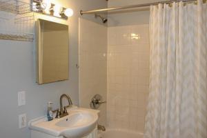 a bathroom with a sink and a shower curtain at Tree Top Getaway in Laconia
