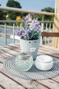 a table with a pot of purple flowers and a bowl at Friendly Home - "Helles Dachstudio" Köln Bonn Phantasialand in Bornheim +5 photos