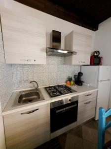 una cucina con lavandino e piano cottura forno superiore di Camere Sinis Isprocilis a Palmas Arborea