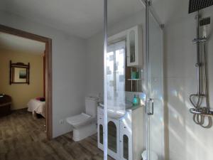 a bathroom with a toilet and a glass shower at Casa Rural Santa Bárbara in El Real de San Vicente