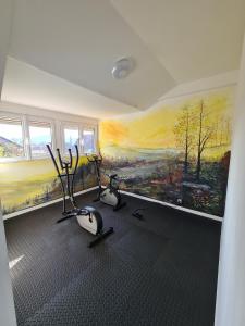 a room with two exercise bikes in front of a painting at Villa Beau Site in Saint-Maurice