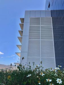 a building with a bunch of flowers in front of it at Kariris Blue Tower in Crato