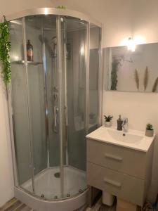 Ligné的住宿－IBI ENJOY le petit，带淋浴和盥洗盆的浴室
