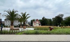a person sitting in the grass in front of a building at Apartament Centrum-Zwycięstwa in Gliwice