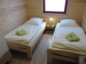 two twin beds in a room with a window at EifelGlückVII in Rieden