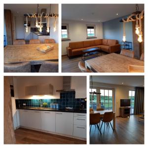 three different views of a kitchen and a living room at Grindweg 4A in Westkapelle