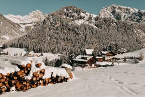 un grupo de troncos en la nieve frente a una montaña en Mountain Chalet Pra Ronch en Selva di Val Gardena