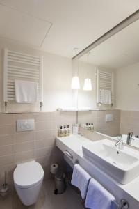 
a bathroom with a toilet, sink, and mirror at Raphael Hotel Wälderhaus in Hamburg
