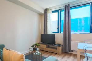 a living room with a tv and a large window at Le Rabanesse Studio in Clermont-Ferrand