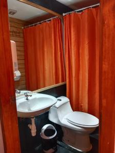 Łazienka z toaletą i umywalką z pomarańczową zasłoną prysznicową w obiekcie ALMER HOSTAL w mieście Punta Arenas
