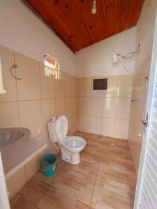 une salle de bains avec toilettes, baignoire et lavabo dans l'établissement Casa de Campo Pedra Bicuda, à Brazópolis