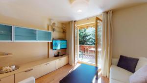 a living room with a couch and a television at Chesa Seraina Abitaziun Seraina 7 - Chamois in Madulain