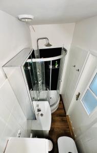 une petite salle de bain avec toilettes et lavabo dans l'établissement Nocleg Opole Kopernik Apartament, à Carolinensiel