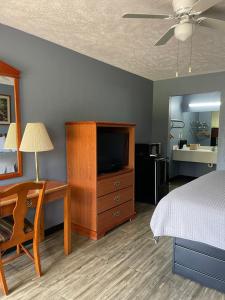 Dormitorio con cama, escritorio y TV en Deerfield Inn, en Adamsville