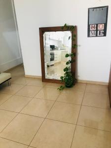a mirror sitting on a tiled floor with a plant at Departamento luminoso y céntrico in Santiago del Estero
