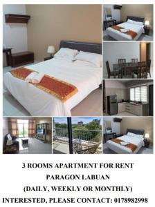 a collage of pictures of a bedroom with a bed at Labuan Paragon Apartment - 3 rooms in Labuan