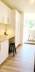 uma cozinha com armários brancos e piso em madeira em Isola 2000 pied des pistes-wifi em Isola