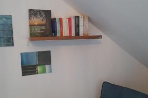 a shelf on a wall with books on it at Gemütliche Waldrandlage in Badenweiler Sehringen Ferienwohnung in Badenweiler
