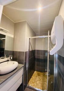 a bathroom with a shower with a sink and a toilet at Appartement - Roanne in Roanne