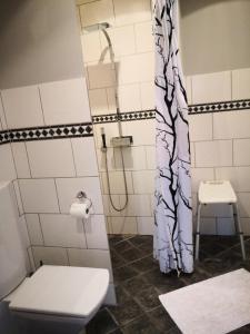 uma casa de banho com um chuveiro, um WC e um banco em Farmors Hus em Rude