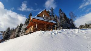 uma cabana de madeira com um monte de neve à sua frente em Domek w górach pod Jodłami em Nowy Targ