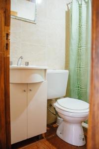 een badkamer met een toilet, een wastafel en een douche bij Cabañas Los Timbó in Ituzaingó