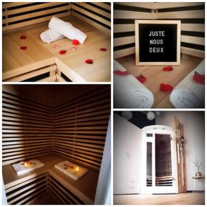 4 photos d'une pièce avec des coeurs rouges au sol dans l'établissement Suite romantique avec sauna et balnéo privatifs au Barcarès, au Barcarès