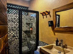 a bathroom with a shower and a sink and a mirror at Hotel Gallo de Mar in Puerto Escondido
