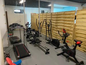 a gym with a bunch of bikes and exercise equipment at Le domaine des Petits Princes in Lorgues