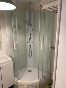 a shower with a glass enclosure in a bathroom at Charming Cottage in a typical French Village in Saint-Christophe-du-Luat