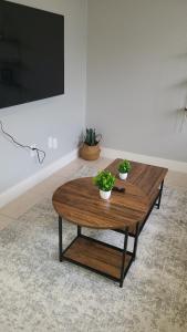 a coffee table in a living room with two potted plants at Bohemian 1 Bedroom- Minutes from Busch Gardens in Tampa