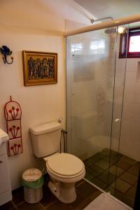 y baño con aseo y ducha acristalada. en Aconchego Itaipava, en Petrópolis