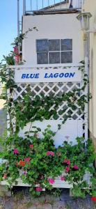 un panneau indiquant un lagon bleu sur un bâtiment fleuri dans l'établissement Blue Lagoon, à Nehren