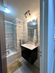 uma casa de banho com um lavatório, uma banheira e um espelho. em Loft Dorrego Rio em Rosário