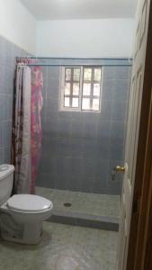 uma casa de banho com um WC e um chuveiro em Quiet Cabin in San Gabriel Mixtepec 
