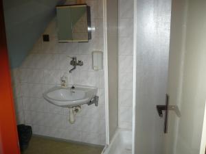 ein Bad mit einem Waschbecken und einer Dusche in der Unterkunft Pension Rybářská Bašta in Rožmberk nad Vltavou