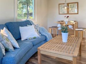 - un salon avec un canapé bleu et une table dans l'établissement Holiday home OSKARSHAMN IV, à Oskarshamn