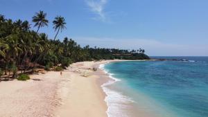 een strand met palmbomen en de oceaan bij Sandhara Home Stay in Tangalle
