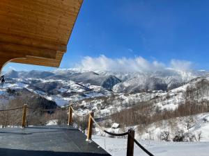 a view of the snow covered mountains from a house at Magura little chalet in Măgura