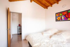 Carmen de Viboral的住宿－Chalet Bajo el Cielo，卧室配有一张床,墙上挂有绘画作品