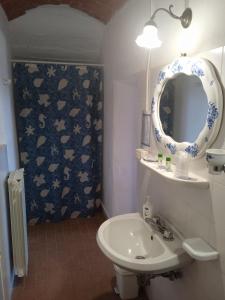 La salle de bains est pourvue d'un lavabo, d'un miroir et d'une douche. dans l'établissement Monolocale Stiacce, à Saturnia