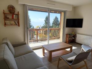 sala de estar con sofá y ventana grande en Les Sorbiers - Grand T4 ensoleillé avec Vue Panoramique, en Font-Romeu-Odeillo-Via